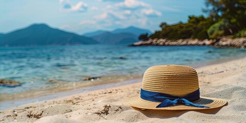 Straw Hat on Sandy Beach with Blue Sea Background