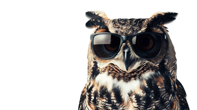 Owl with glasses on white isolated transparent background