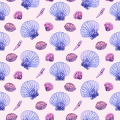 Marine seamless pattern animals, plants, seashell, mollusk, shells. Watercolor illustration Underwater background On pink. Summer vibes, Sea bottom. For fabric, wrapping paper, wallpaper print decor