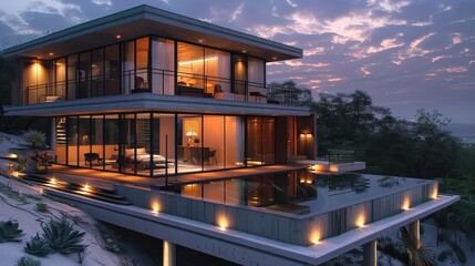 Fototapeta premium Modern vacation stilt house on tall concrete stilts with above-ground concrete hot tub on deck, led accent lighting. Generative AI.