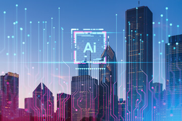 A city skyline at dusk with a digital hologram of AI and circuit lines overlay. Graphic design concept with urban background. Double exposure