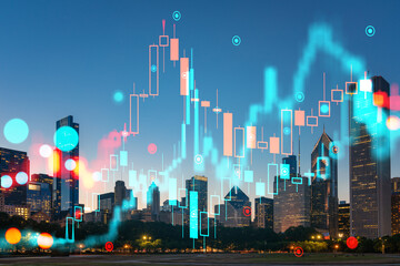 Chicago skyline with futuristic holographic stock market data, during dusk. Photomontage concept of finance and technology. Double exposure