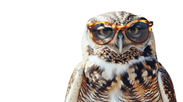 Owl with glasses on white isolated transparent background