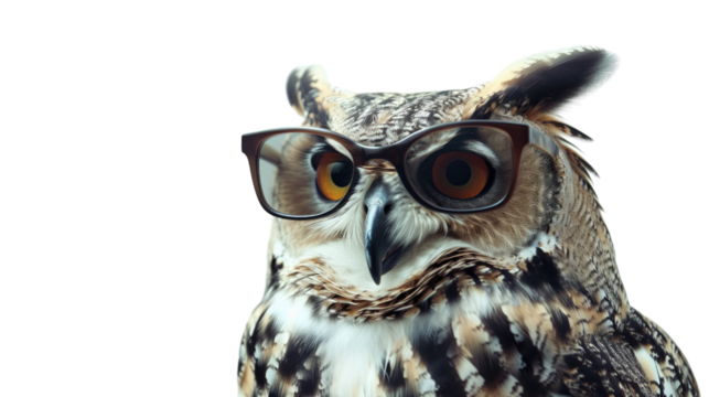 Owl with glasses on white isolated transparent background