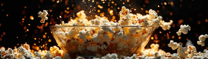 Warm Spotlight Illuminating Bowl Overflowing with Popcorn Kernels Variety Against Black Background
