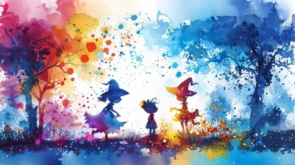 Enchanting watercolor illustration of fairytale cartoon characters, vivid paint splashes enhancing the magical background
