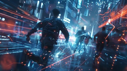 Dynamic Cyberpunk Cityscape with People Running Through Neon-Lit Streets, Futuristic Urban Environment, High-Tech Atmosphere, Vibrant Lights, and Motion Blur Effects
