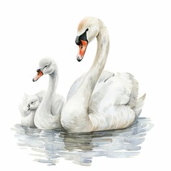 Fototapeta premium Beautiful watercolor clipart depicting a graceful swan family