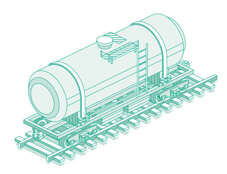 recommend clip art: Isometric railroad tank car. Freight railroad car. Object isolated on white background. Railway. Wagon on rails. Industrial railroad transportation.