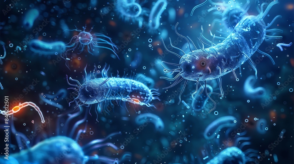 Poster A geometric design of many microbes and unicellular organisms. Blue glow on dark background. Generative AI.