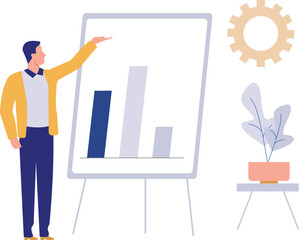 Boy giving a presentation about business graphs.