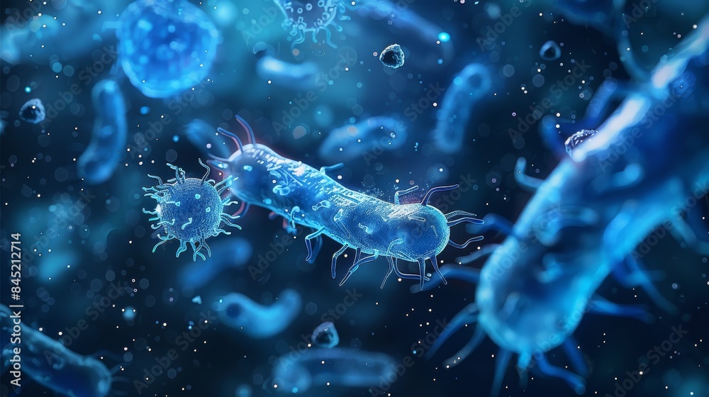 Poster A geometric design of many microbes and unicellular organisms. Blue glow on dark background. Generative AI.