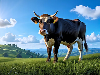 A black and white cow stands in a green field with bright clouds behind her.
