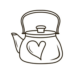 Doodle teapot with heart. Outline hand drawn icon for coffee and bakery cafe.