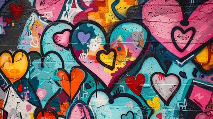 Eclectic graffiti wall, featuring a mix of colors, love-themed hearts, and unique shapes, creating a lively backdrop
