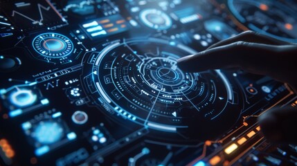 Futuristic Touchscreen Interface with Holographic Elements and Data Visualizations in a High-Tech Environment