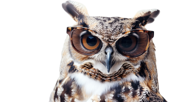 Owl with glasses on white isolated transparent background
