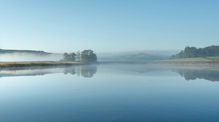 Fototapeta premium Early morning tranquility with a serene lake, the landscape mirrored perfectly, and a gentle mist hovering above