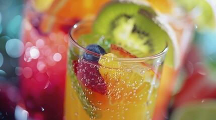 Refreshing Summer Fruit Drink with Bubbles and Fresh Fruits - Close-Up of Colorful Beverage with Kiwi, Blueberries, and Citrus - Vibrant and Refreshing Drink for Summer Parties and Healthy Living