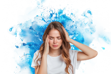 depressed woman with headache and watercolor splash background isolated on white or transparent png