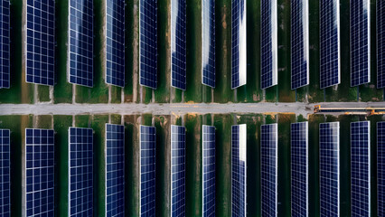 Obraz premium Bird-eye view of solar farm or solar park mega project drone view green energy 