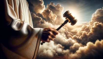 Judge's Hand Holding Gavel in Dramatic Sky - Concept of Justice and Divinity