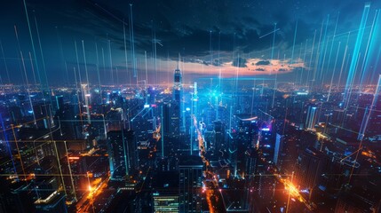 Obraz premium Futuristic Cityscape at Night with Neon Lights and Digital Elements, High-Tech Urban Skyline, Modern Metropolis with Skyscrapers and Technological Innovations, Vibrant Nightlife and Advanced