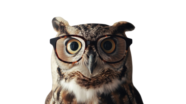 Owl with glasses on white isolated transparent background