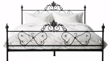 Elegant wrought iron bed frame with intricate scrollwork design and white bedding, perfect for a stylish and comfortable bedroom ambiance.