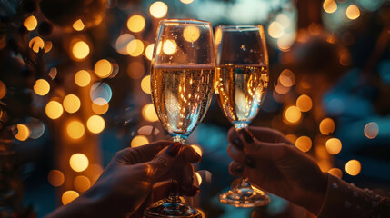 Two champagne glasses clinking together with warm, festive bokeh lights in the background, creating a celebratory atmosphere.