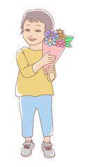 花束を持った笑顔の子供の立ちイラスト