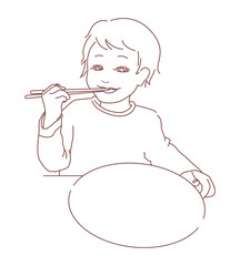 笑顔でお箸を使って食事をする子供と丸いお皿のシンプルな線画イラスト
