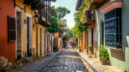 Fototapeta premium Charming Cobblestone Street with Colorful Colonial Houses and Lush Greenery on a Sunny Day