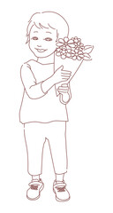 花束を持った笑顔の子供の立ち線画イラスト
