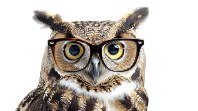 Owl with glasses on white isolated transparent background