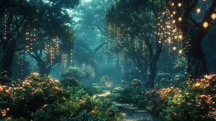Fototapeta premium Enchanted Forest Wonderland: Giant Trees and Mystical Greenery with Hanging Lights