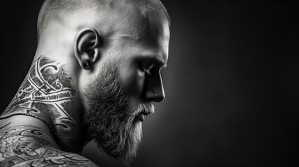 Profile of Tattooed Bearded Man in Black and White with Viking Inspired Tattoos.