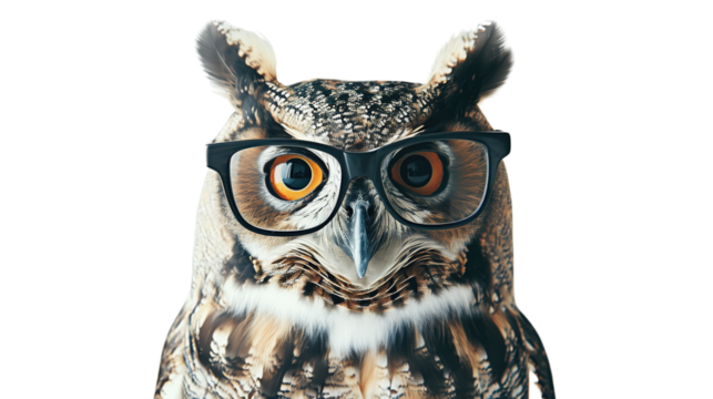 Owl with glasses on white isolated transparent background