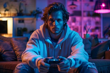 Obraz premium A disinterested individual participates in virtual gaming competition, repetitively pressing buttons on controller in brightly lit home setting.