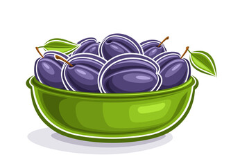 Vector logo for Fresh Plums, decorative horizontal poster with isolated illustration of plum composition with leaves on stem, cartoon design print with juicy plums in green plate on white background