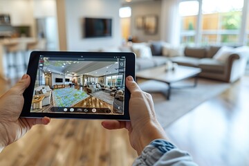 A man holds a tablet in front of a living room, viewing a decoration project on the screen using Augmented Reality technology. AR in interior design, virtual decor and design elements in real time