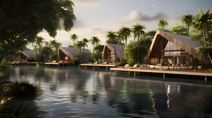 Small city in the side of river, wooden cottages, palm trees