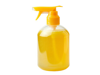 A yellow plastic bottle with a spray nozzle, filled with a clear yellow liquid. isolated white background, transparent background.