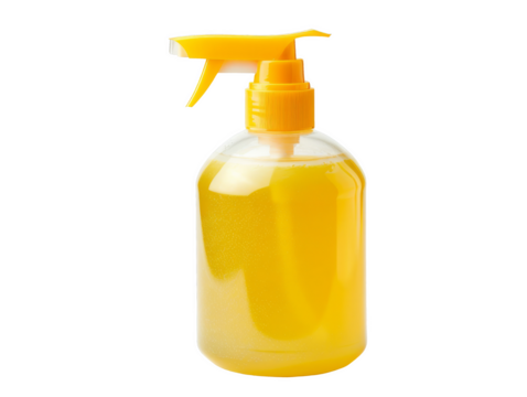 A yellow plastic bottle with a spray nozzle, filled with a clear yellow liquid. isolated white background, transparent background.