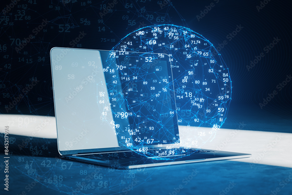 Poster close up of laptop with glowing polygonal sphere hologram on dark blurry background. world map, conn