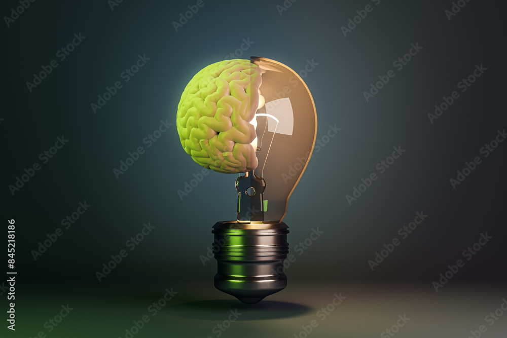 Poster Half brain half light bulb in dark concrete interior. Machine learning concept. 3D Rendering.