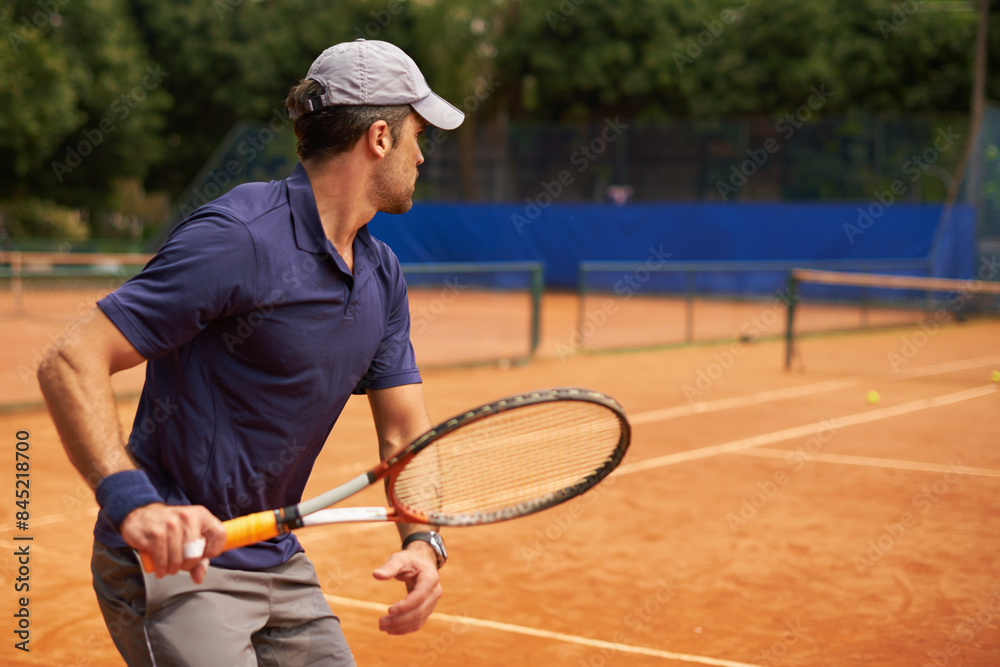 Poster Man, racket and court for tennis game, training and tournament for competition or lifestyle. Male person, professional and match for practice or fitness for championship, recreation and play sport