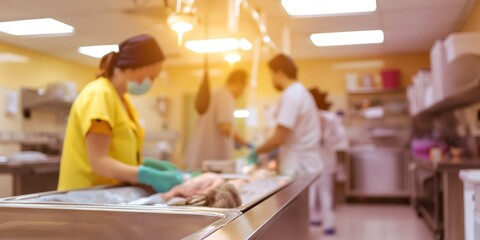 Animal Rehabilitation Center Caring blurred background image of an animal rehabilitation center with staff caring for injured wildlife, clean facilities, and a supportive environment.