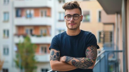 Guy. Portrait of Confident Stylish Man with Tattoos on Balcony. Young Attractive Adult in Casual Attire Crossed Arms