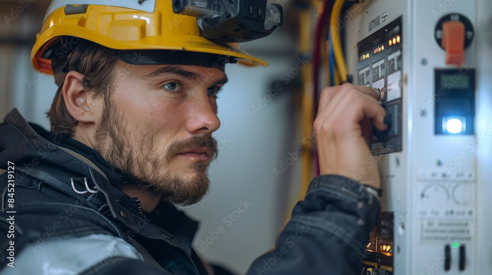 Leinwandbilder an electrician using the light from his headlamp to inspect a white control panel on a wall, providi